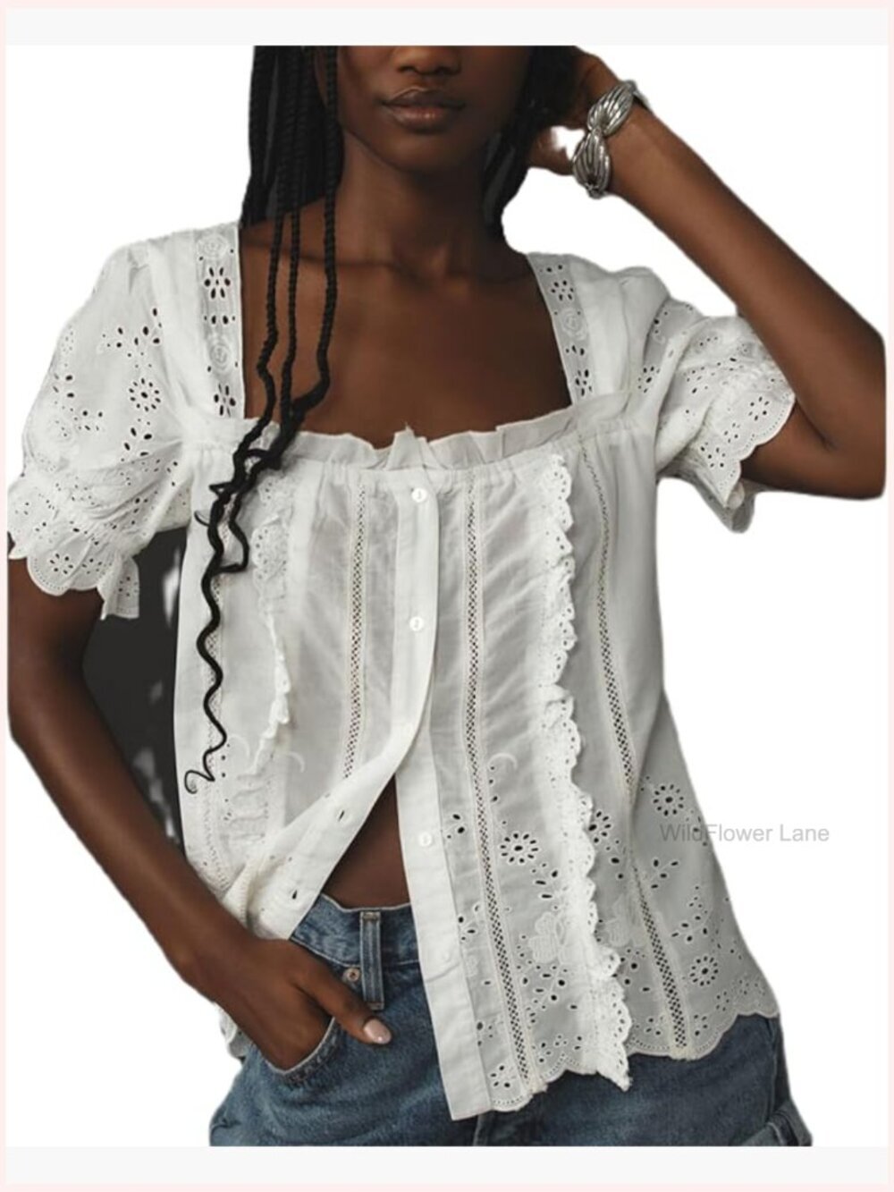 Women Y2k Square Neck Crop Top Puff Short Sleeve Ruffle Button Front Blouse